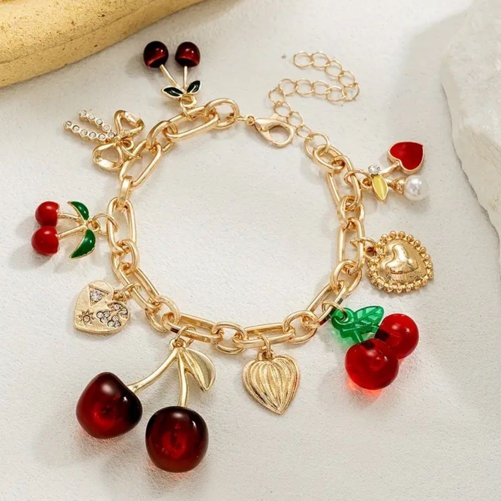 Gold Cherry Alloy  Charm Bracelet and earrings - Picture 3 of 13